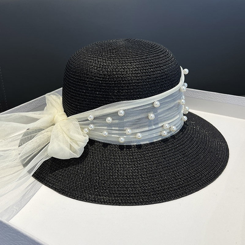 Braided Pearl Mesh Sunshade Straw Hat