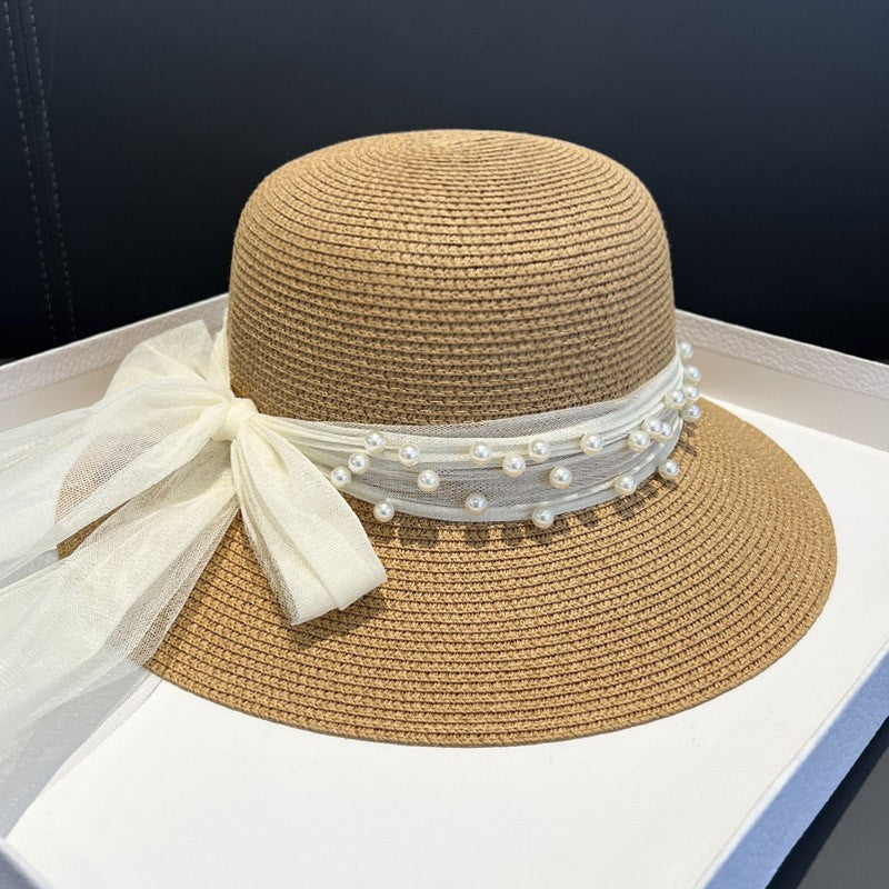 Braided Pearl Mesh Sunshade Straw Hat
