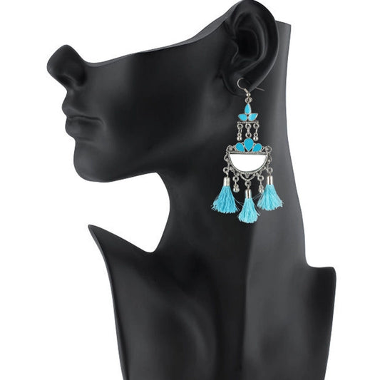 Women's Oxidized Silver plated Firoji Tassels Earrings-silver, Blue