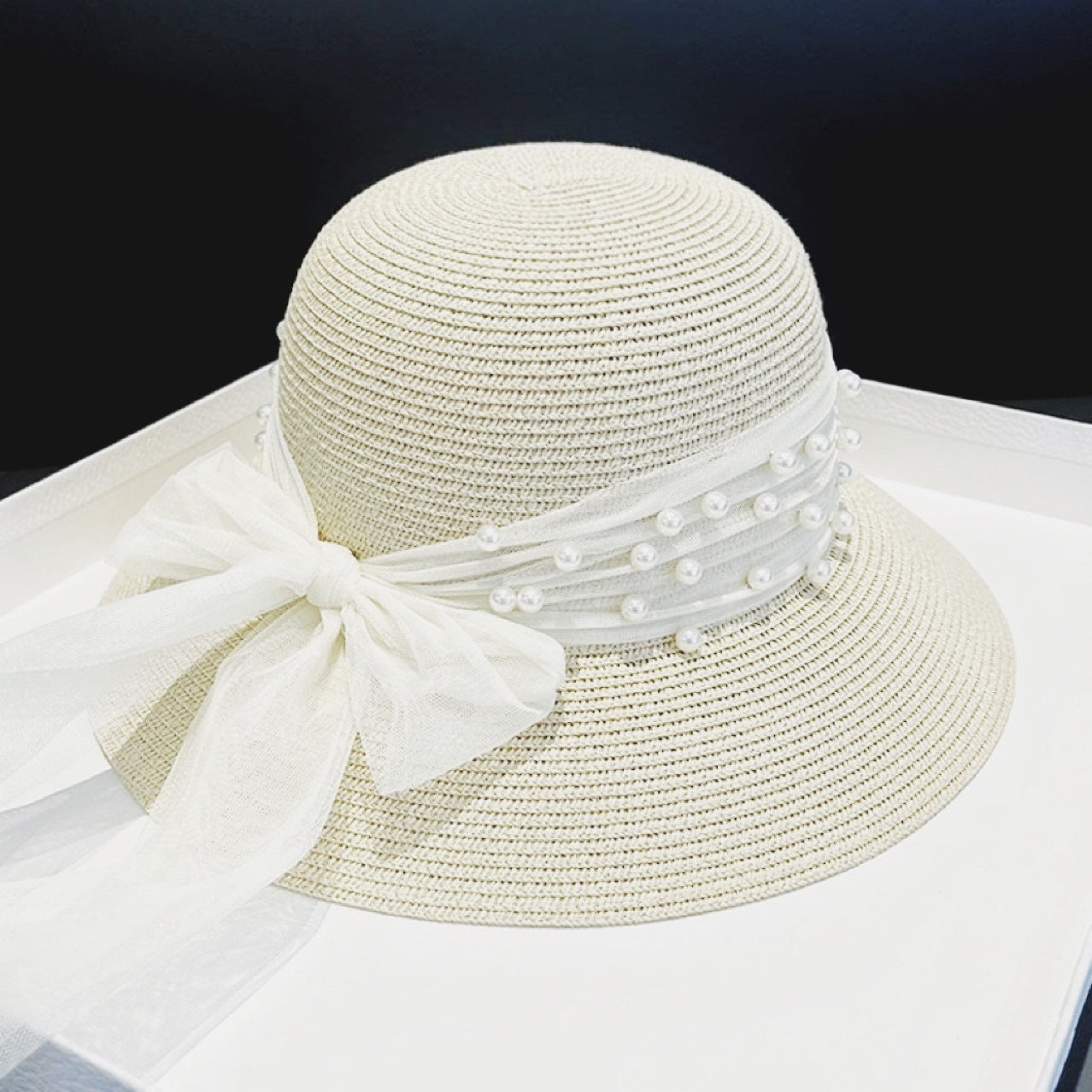 Braided Pearl Mesh Sunshade Straw Hat