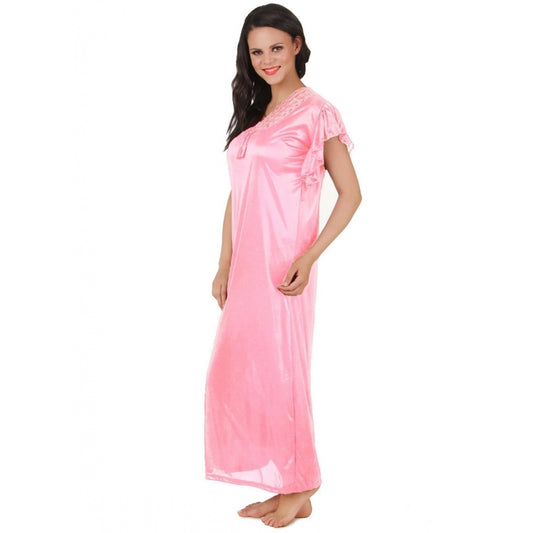 Women's Satin Long Nighty Frill Sleeve(Color: Baby Pink, Neck Type: V Neck)