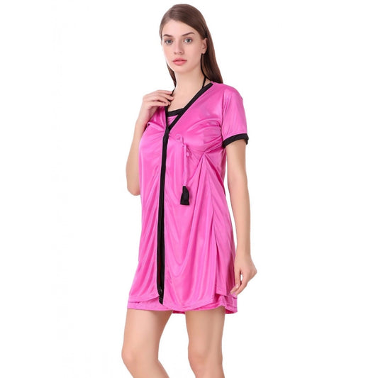 Women's Satin Short Wrap Gown with Half Sleeve(Color: Pink and Black, Neck Type: V Neck)
