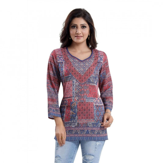 Generic Women's Quarter Sleeve Faux Crepe Printed Short Kurti Tunic Top (Color:Multicolor)
