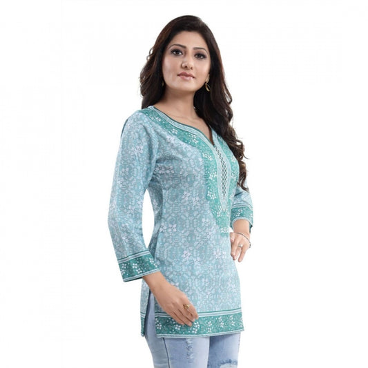 Generic Women's Quarter Sleeve Faux Crepe Printed Short Kurti Tunic Top (Color:Blue)