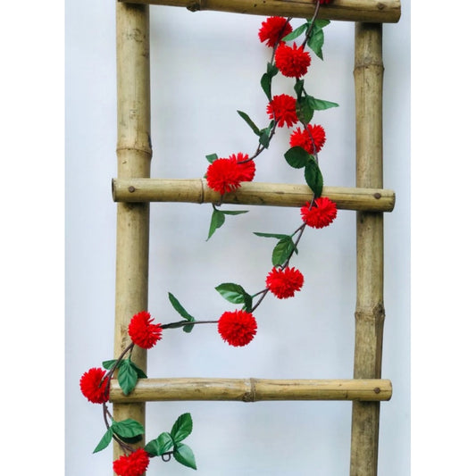 Generic Artificial Red Chrysanthemum Dahlia Flower Vine Creeper With Big Green Leaves For Home Decoraton (Color: Red, Material: Silk Polyester)