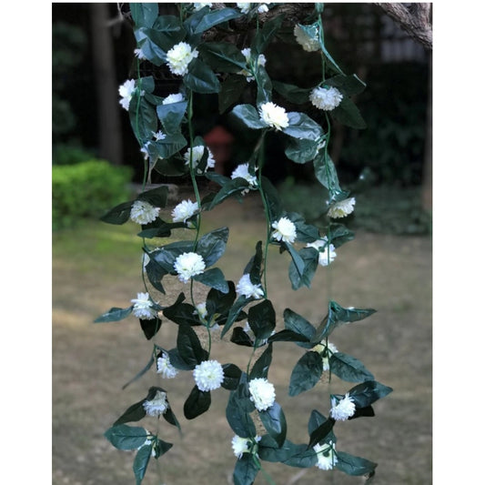 Generic Artificial White Marigold Genda Flower Vine Creeper With Big Green Leaves For Home Decoration (Color: White, Material: Silk Polyester)
