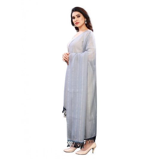 Generic Women's Cotton Silk Strips Printed Dupatta (Grey, Length:2-2.4 mtr)