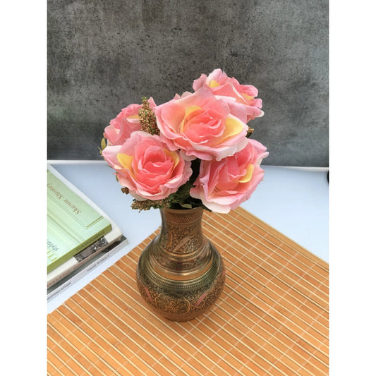 Generic Artificial Flowers Bunch Bouquet Of 5 Vintage Garden Roses For Home Decoration (Peach Pink, Material:Silk, Polyester)