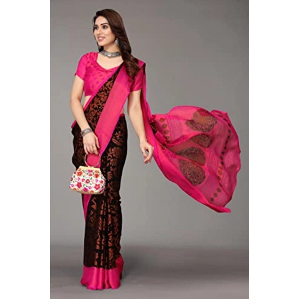 Generic Women's Viscose Rayon Printed Saree With Unstitched Blouse (Black)