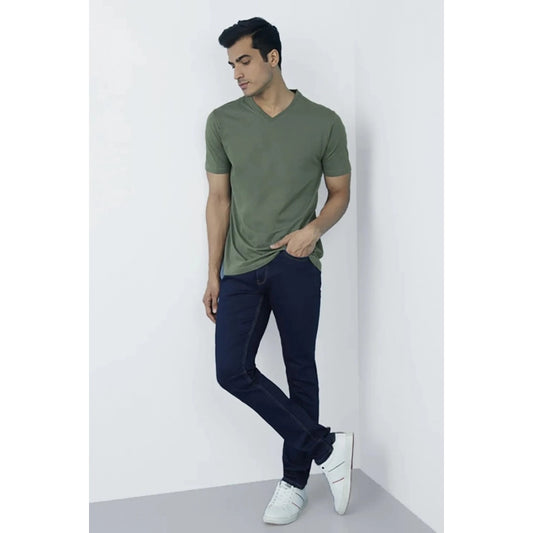 Generic Men's Casual Half sleeve Solid Cotton V Neck T-shirt (Green)