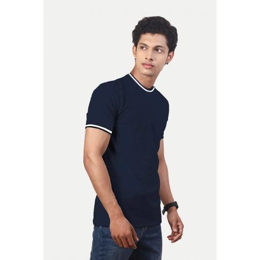Generic Men's Casual Half sleeve Solid Polyester Crew Neck T-shirt (Navy)