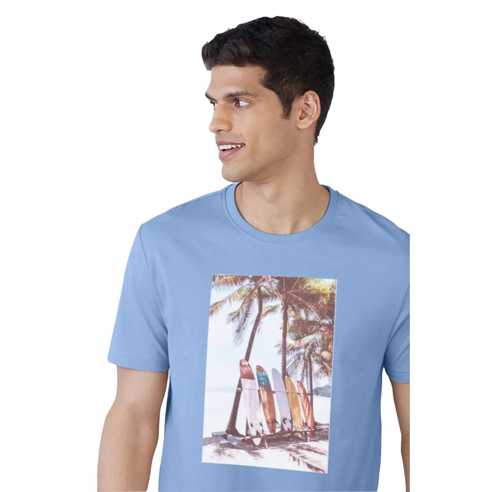Generic Men's Casual Half sleeve Digital Printed Cotton Crew Neck T-shirt (Sky Blue)
