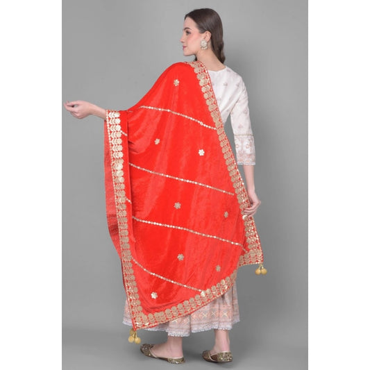 Generic Women's Velvet Gotta Patti Dupatta (Red, Length: 2.25 to 2.50 Mtr)