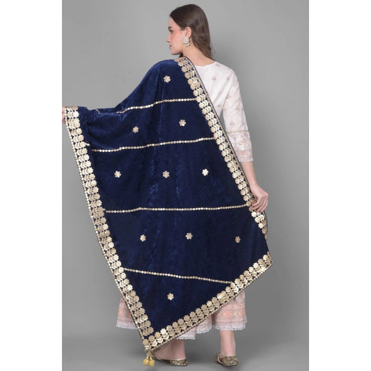 Generic Women's Velvet Gotta Patti Dupatta (Navy, Length: 2.25 to 2.50 Mtr)
