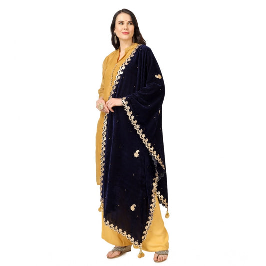 Generic Women's Velvet Gotta Patti Dupatta (Blue, Length: 2.25 to 2.50 Mtr)