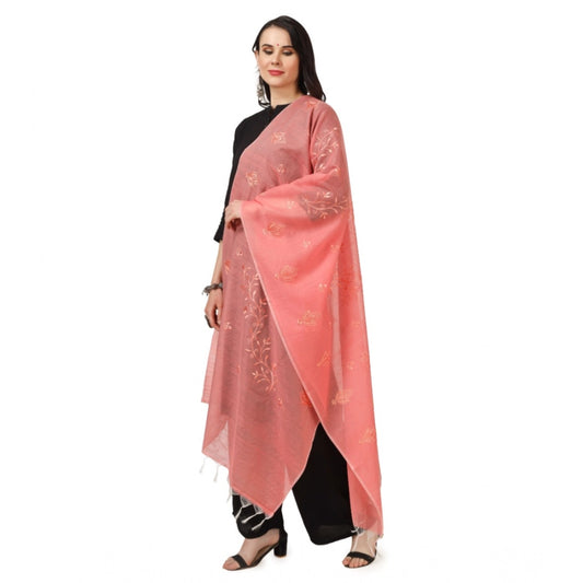 Generic Women's Cotton Embroidered Dupatta (Peach, Length: 2.25 to 2.50 Mtr)