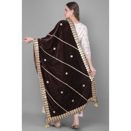 Generic Women's Velvet Gotta Patti Dupatta (Brown, Length: 2.25 to 2.50 Mtr)