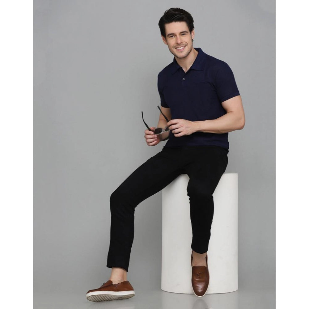 Generic Men's Casual Half Sleeve Solid Cotton Blended Polo Neck T-shirt (Navy Blue)