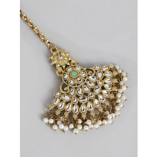 Generic Women's Rose Gold Plated Alloy Kundan Earrings & Mangtikka (White)