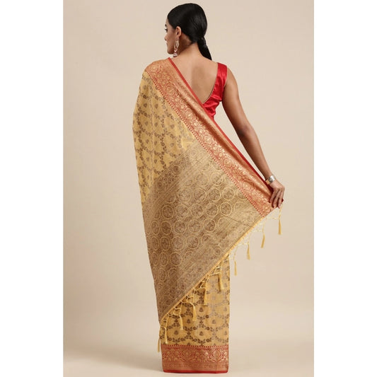 Generic Women's Chanderi Cotton Printed Saree With Unstitched Blouse (Yellow, 5-6 Mtrs)
