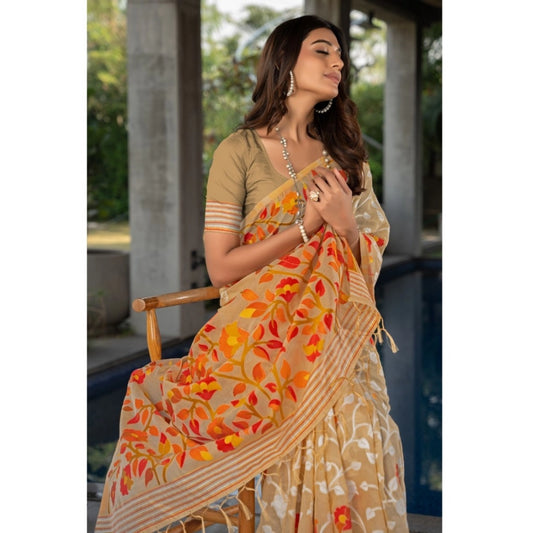 Generic Women's Cotton Printed Saree With Unstitched Blouse (Beige, 5-6 Mtrs)