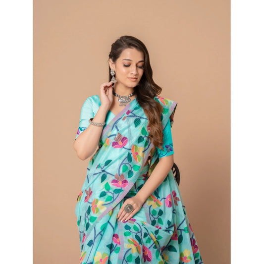 Generic Women's Cotton Printed Saree With Unstitched Blouse (Sky Blue, 5-6 Mtrs)