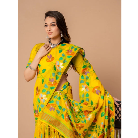Generic Women's Cotton Printed Saree With Unstitched Blouse (Yellow, 5-6 Mtrs)