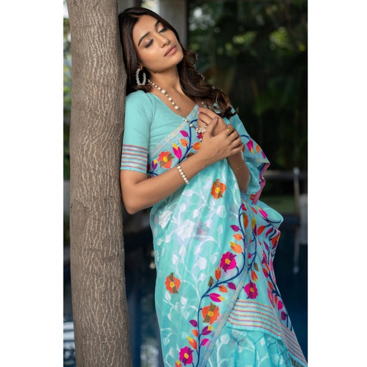 Generic Women's Cotton Printed Saree With Unstitched Blouse (Sky Blue, 5-6 Mtrs)