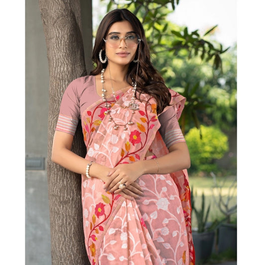 Generic Women's Cotton Printed Saree With Unstitched Blouse (Peach, 5-6 Mtrs)