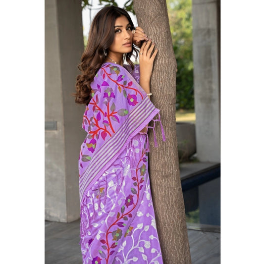Generic Women's Cotton Printed Saree With Unstitched Blouse (Lavender, 5-6 Mtrs)