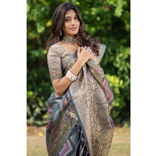 Generic Women's Organza Printed Saree With Unstitched Blouse (Teal, 5-6 Mtrs)