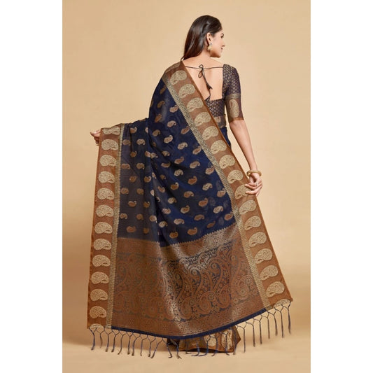 Generic Women's Chanderi Cotton Printed Saree With Unstitched Blouse (Navy Blue, 5-6 Mtrs)