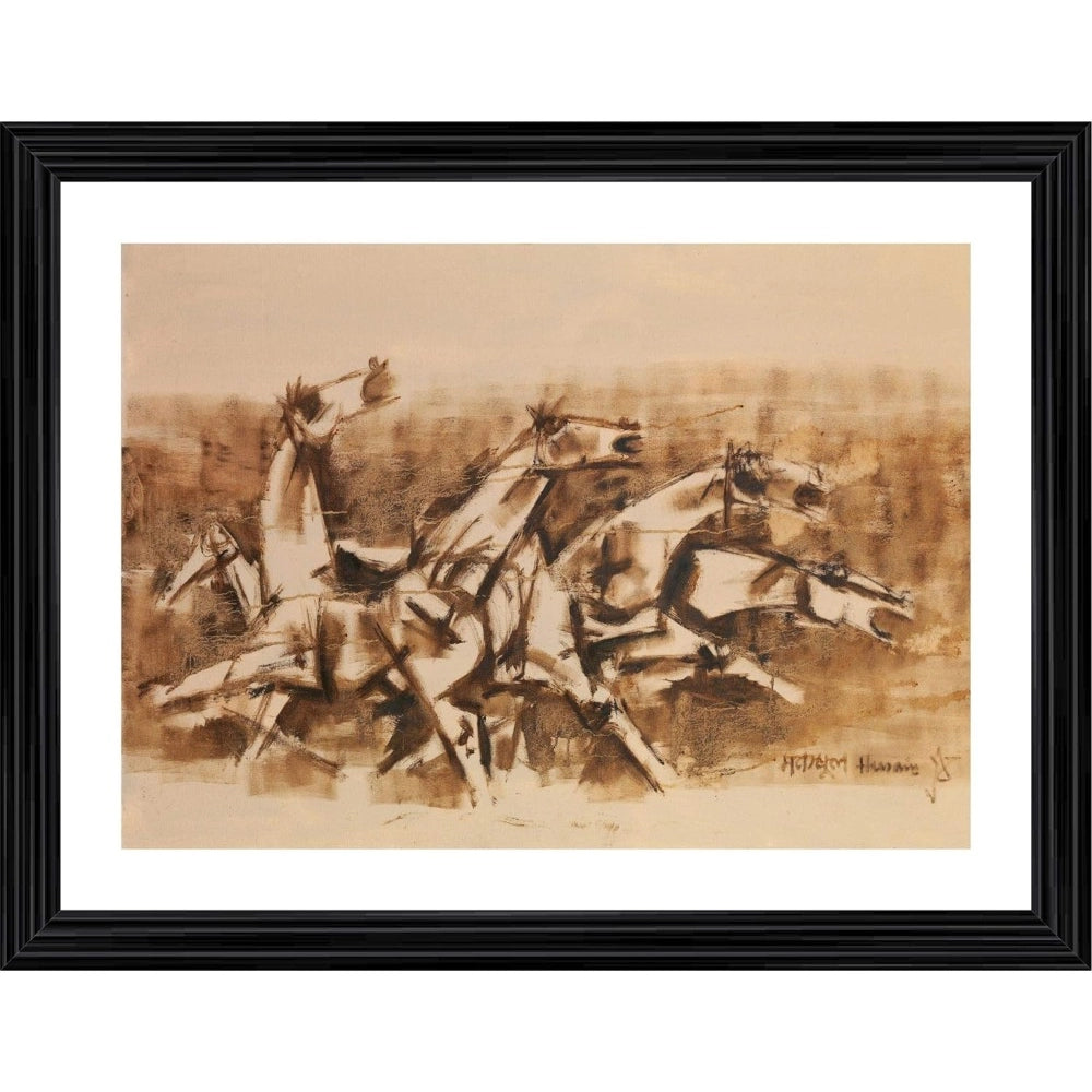Generic Four Horses and the Battle Painting With Wood Photo Frame (Multicolor)