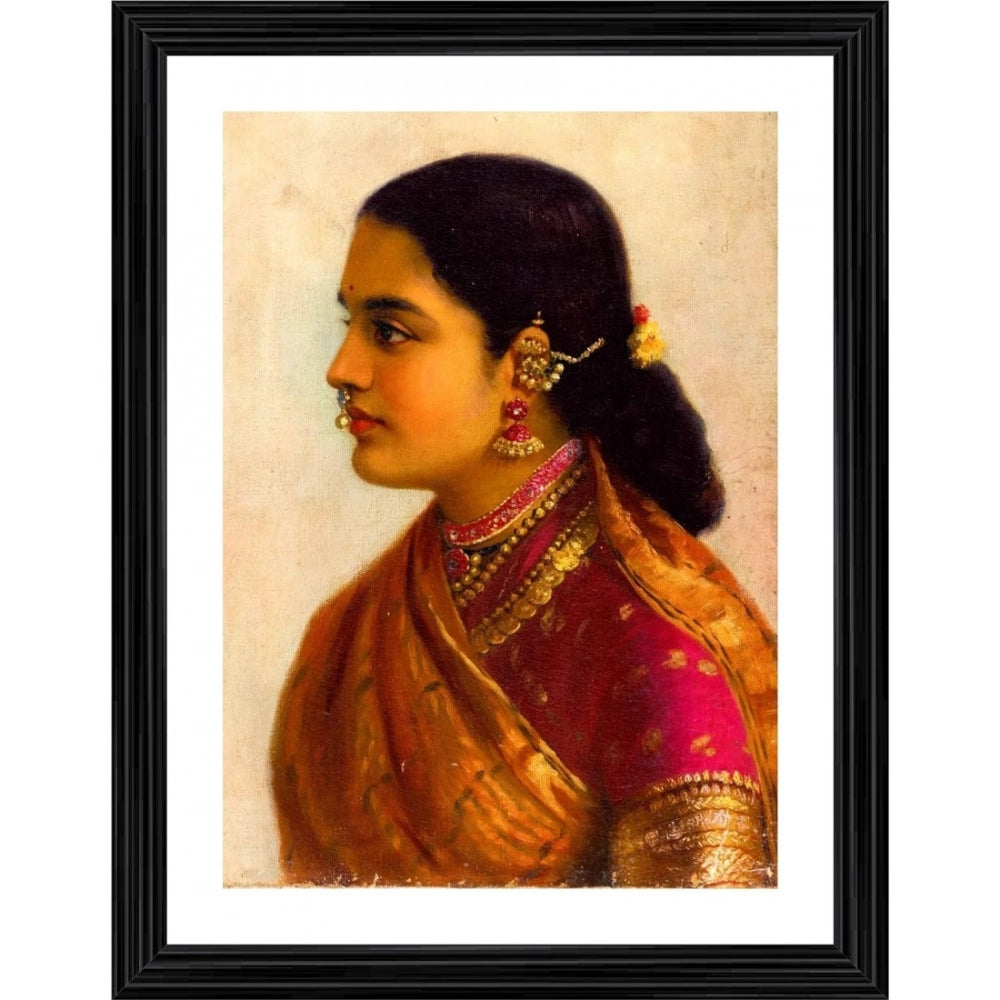Generic Lady in Crimson Red Saree 1900 Painting With Wood Photo Frame (Multicolor)