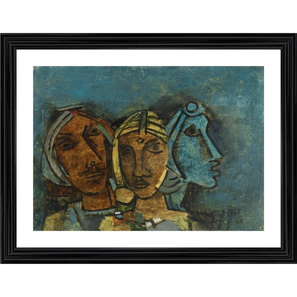 Generic Three Ladies Rajasthan 1963 Painting With Wood Photo Frame (Multicolor)