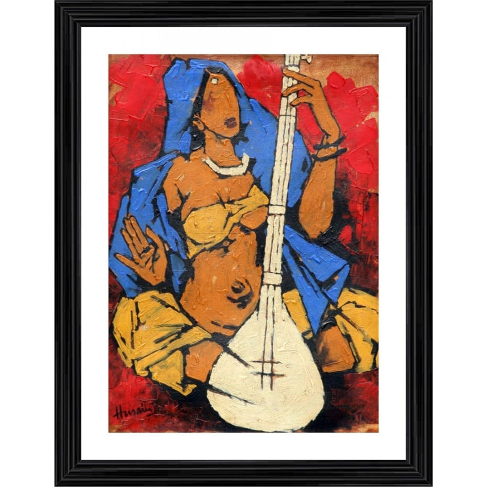 Generic Lady with Sitar Painting With Wood Photo Frame (Multicolor)