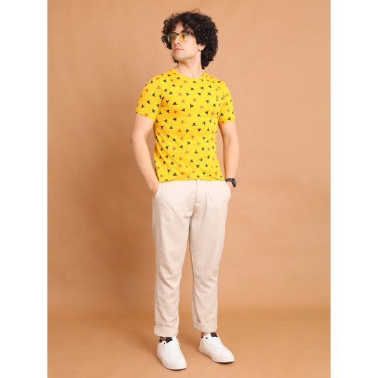 Generic Men's Casual Cotton Printed Round Neck Half Sleeve T-Shirt (Yellow)