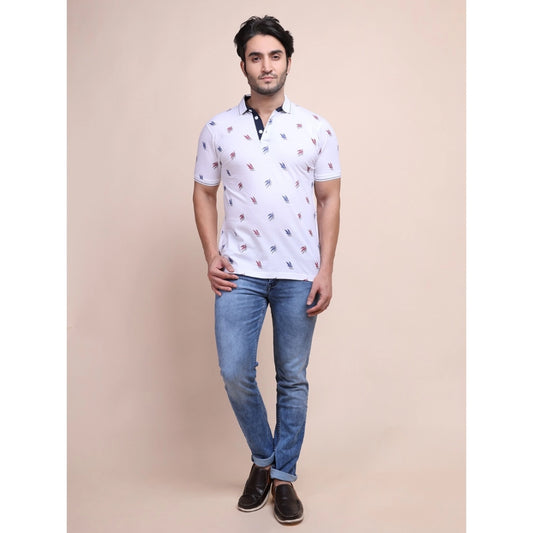 Generic Men's Casual Cotton Printed Polo Neck Half Sleeve T-Shirt (White)