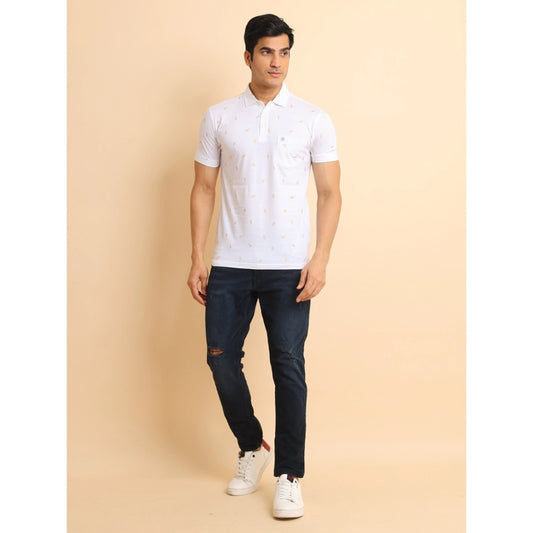 Generic Men's Casual Cotton Printed Polo Neck Half Sleeve T-Shirt (White)