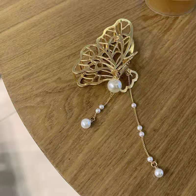 Metal Bow Pearl Pendant Hair Clip