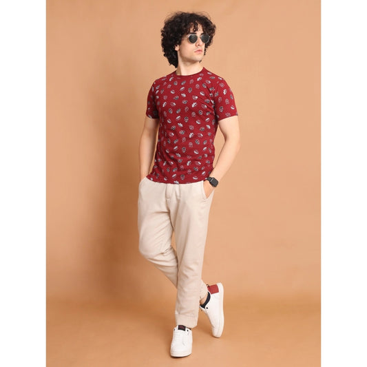 Generic Men's Casual Cotton Printed Round Neck Half Sleeve T-Shirt (Maroon)