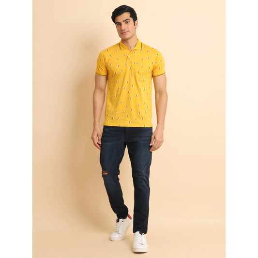 Generic Men's Casual Cotton Printed Polo Neck Half Sleeve T-Shirt (Mustard)