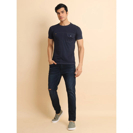 Generic Men's Casual Cotton Solid Round Neck Half Sleeve T-Shirt (Navy)
