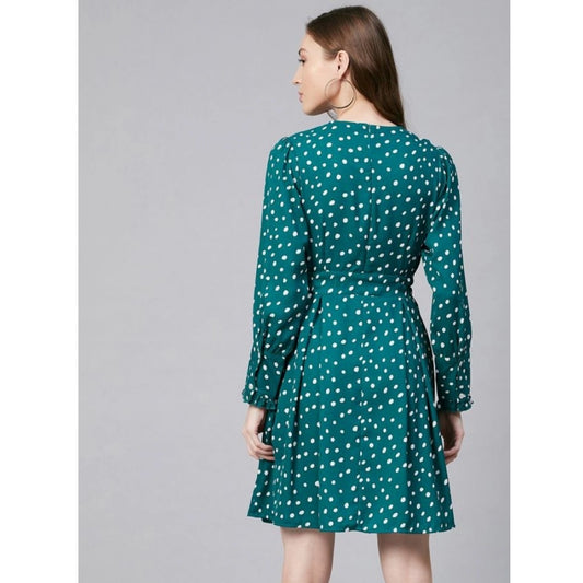 Generic Women's Polyester Polka Long Sleeves Above Knee Dress (Green - White)