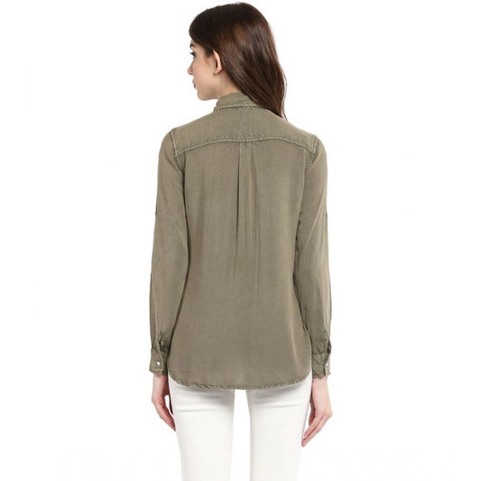 Generic Women's Rayon Solid Long Sleeves Standard Length Shirt (Olive Green)