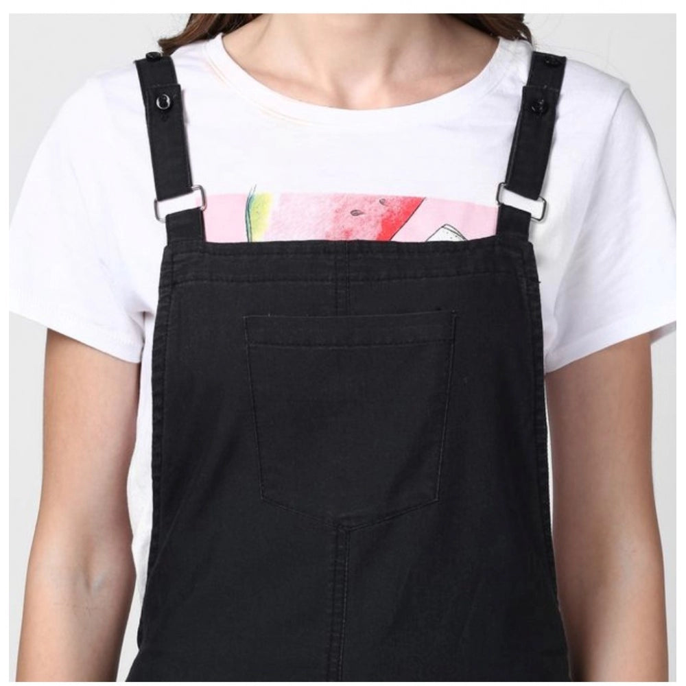 Generic Women's Denim Solid Shoulder Straps Above Knee Dungaree (Black)