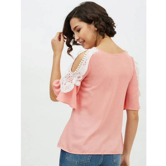 Generic Women's Polyester Lace Inserts Cold Shoulder Top (Pink)