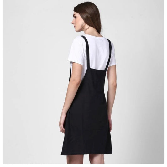 Generic Women's Denim Solid Shoulder Straps Above Knee Dungaree (Black)