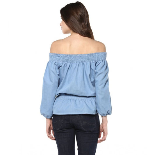 Generic Women's Denim Solid 3-4th Sleeves Regular Top (Blue)