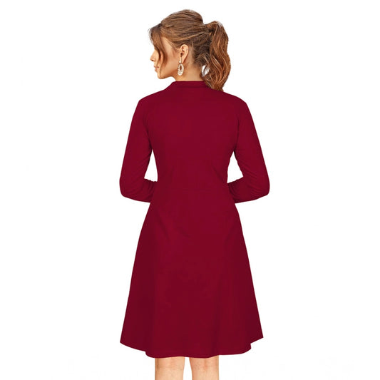 Generic Women's Knitting stretchable Solid Round Neck Full Sleeve Dress (Maroon)